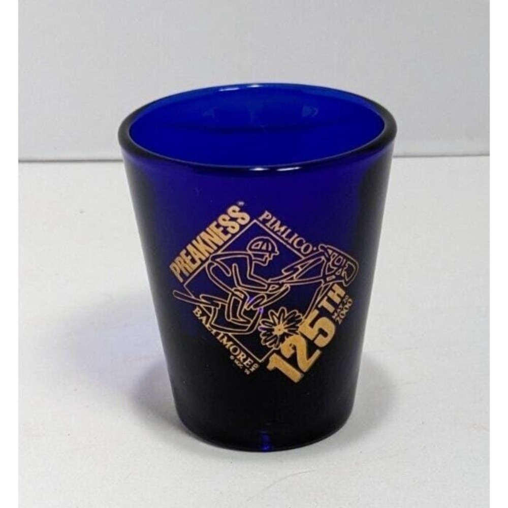 Vintage 2000 Preakness Stakes 125th Pimlico Blue Gold Shot Glass - Picture 2 of 4